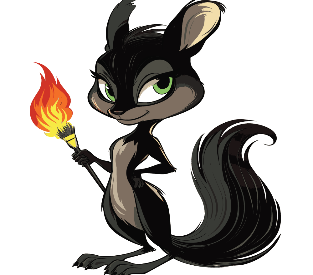 Female squirrel holding a paintbrush with its bristles on fire, looking cheekily at the viewer; from the Black Squirrel Art Company logo